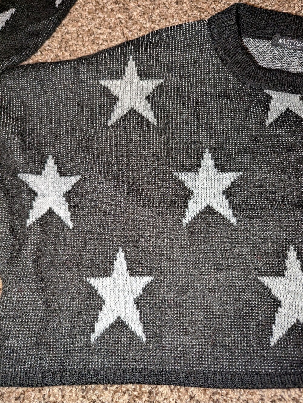 Boxy Black Silver Star Nasty Gal Crew Neck Crop Sweater Wide Sleeve